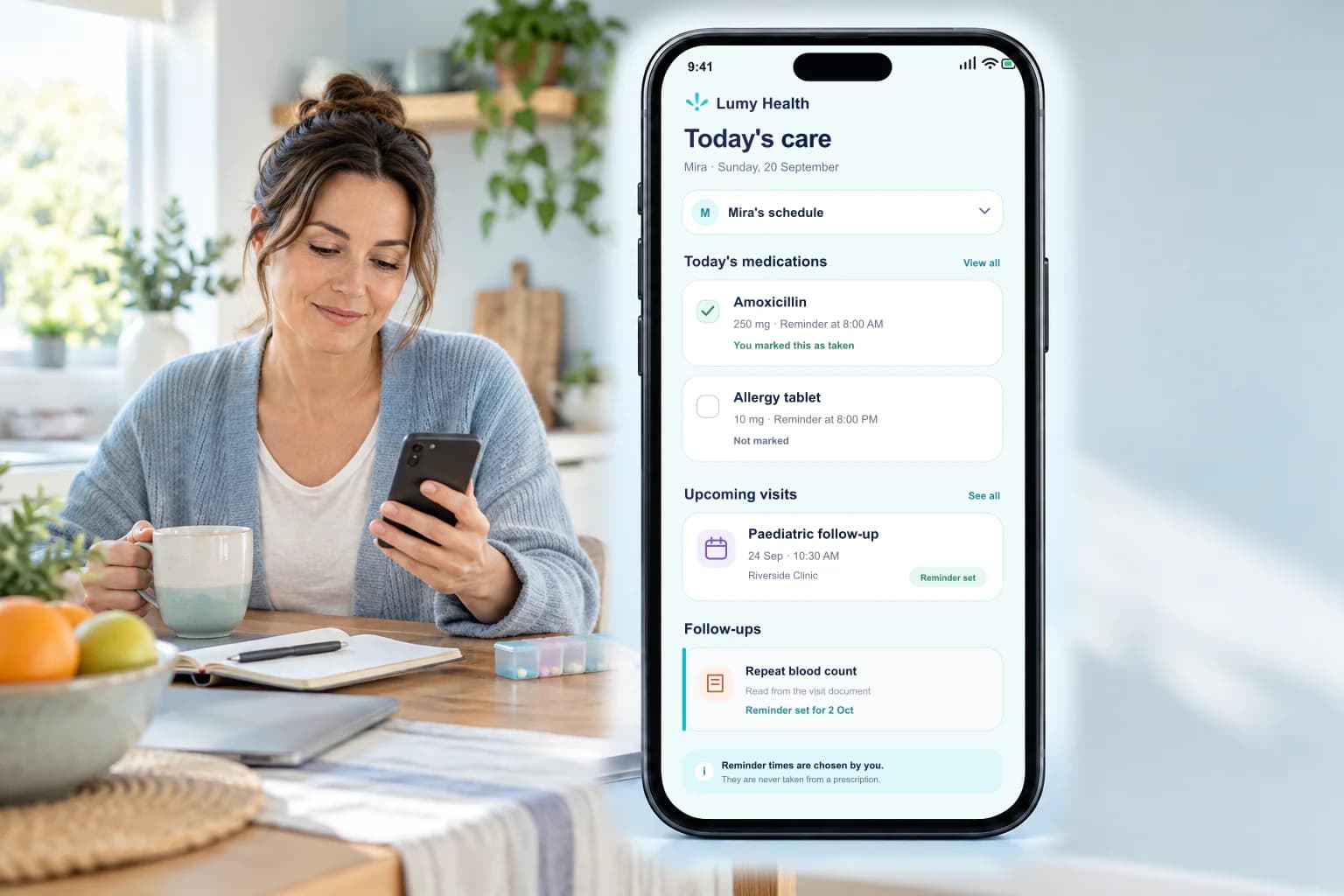 A person at home using Lumy Health beside a preview of today's medications and upcoming doctor visits